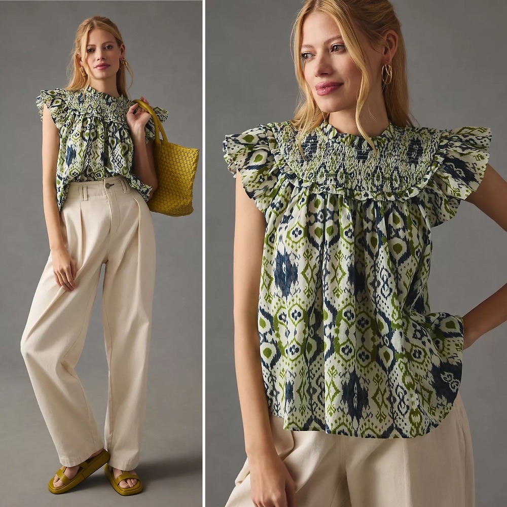 The Odells | NWT Rhia Top in‎ Army Multi Smocked Ruffle Cap Sleeve Blouse